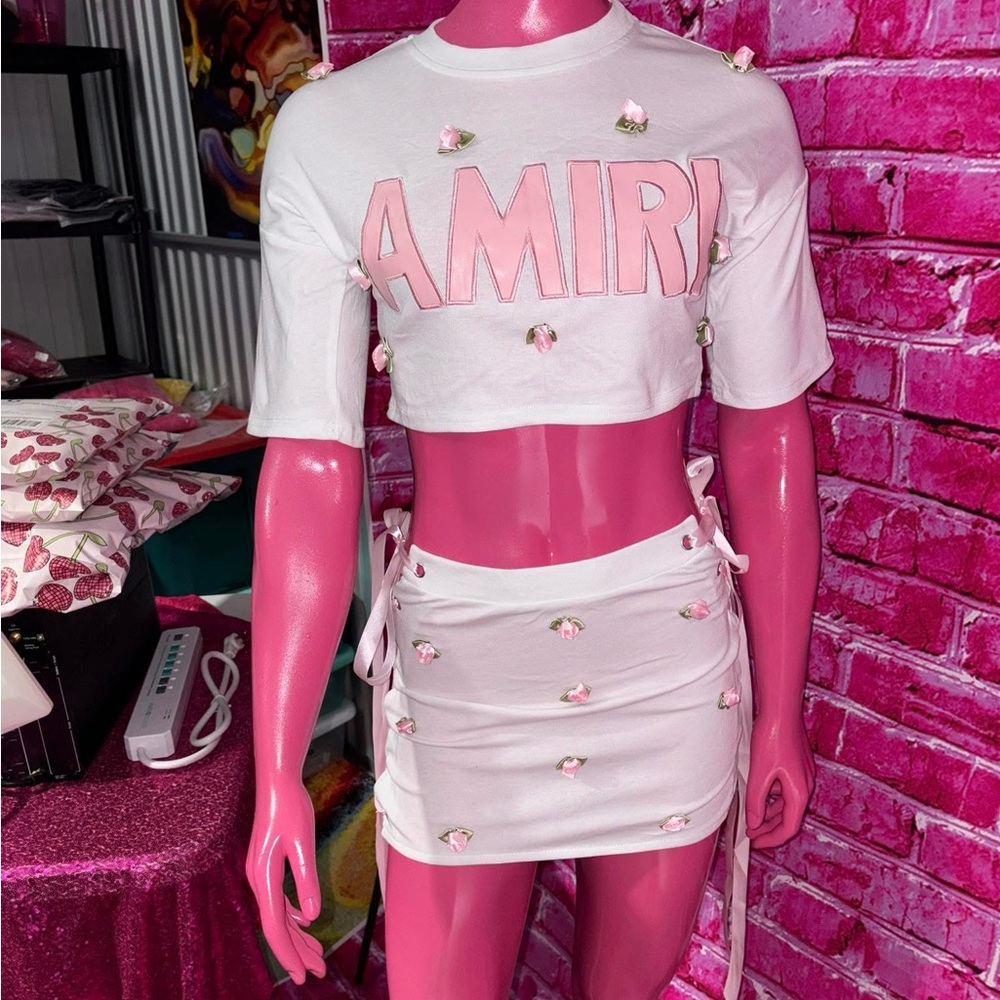 AMIRI White and Pink Crop Top and Skirt Set